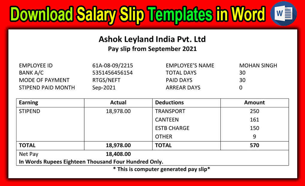 Editable Salary Slip Template Word File