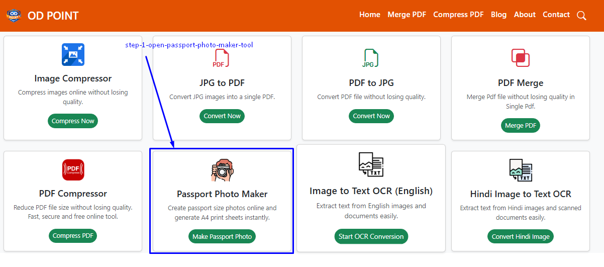 Passport photo maker tool open karne ka step homepage se